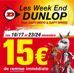 Promos Dafy Moto : 15 EUR offerts sur les pneus Dunlop