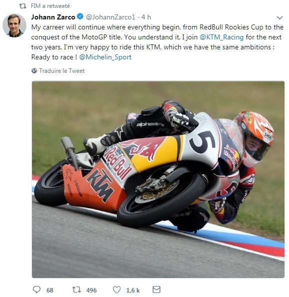 Tweet de Zarco passant chez KTM