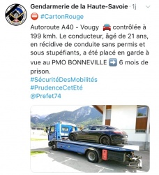 Contrôlé à 199 km/h, sans permis et sous stupéfiants (c) photo : @Gendarmerie_074