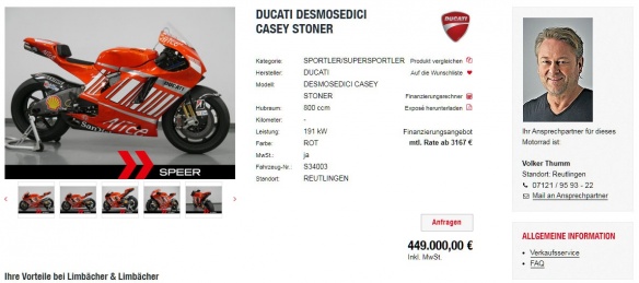 La Ducati de MotoGP de Casey Stoner en vente