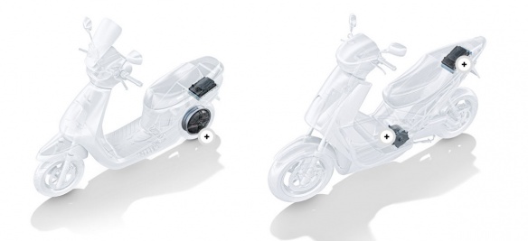 2 positions possibles du moteur électrique sur le scooter par Bosch