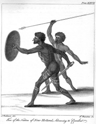 Two of the Natives of New Holland Advancing, To Combat, par Sydney Parkinson, (1770).
